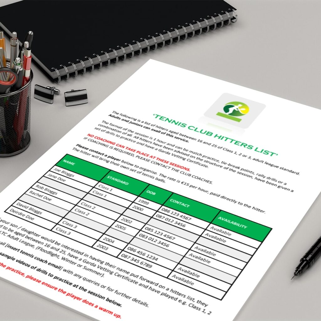 Tennis Club Hitter's List